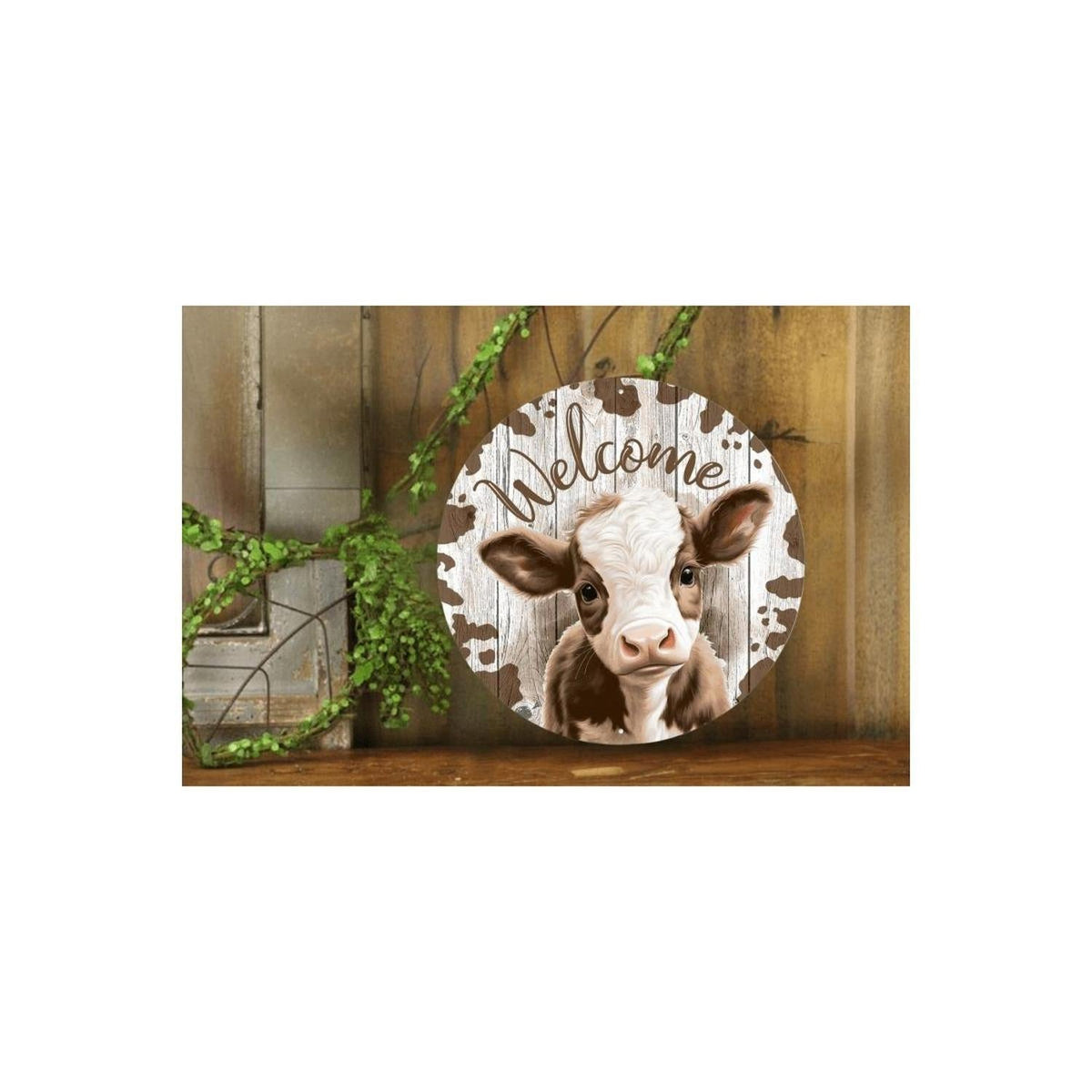Welcome Brown Calf Round Metal Sign — Farmhouse Front Door Decor