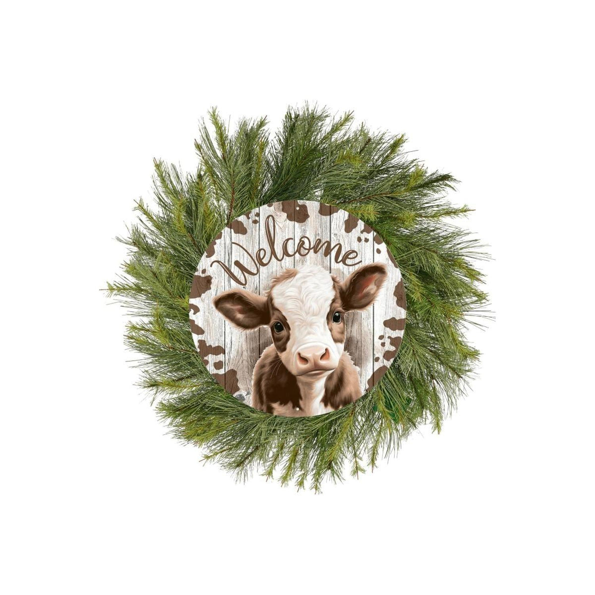 Welcome Brown Calf Round Metal Sign — Farmhouse Front Door Decor