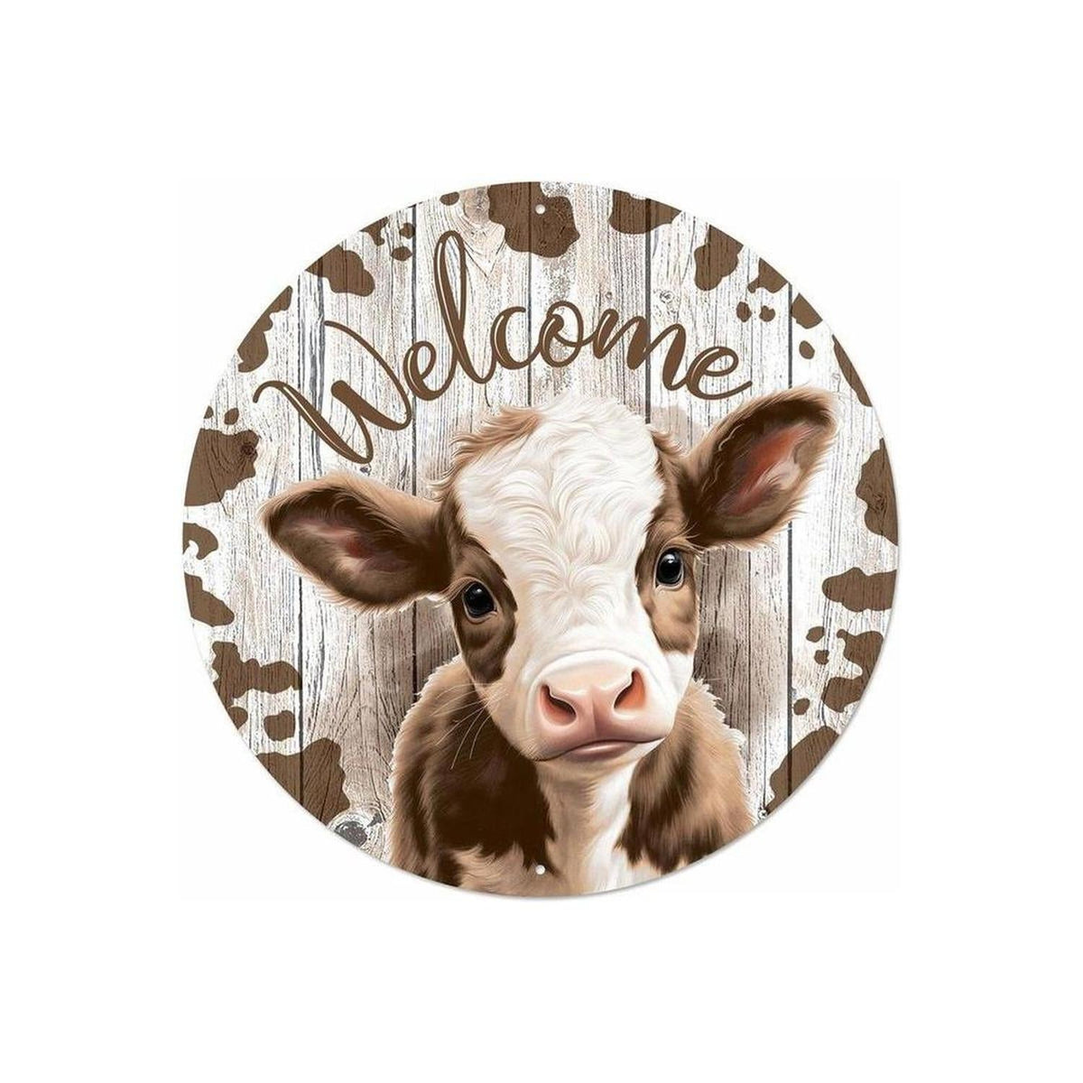 Welcome Brown Calf Round Metal Sign — Farmhouse Front Door Decor