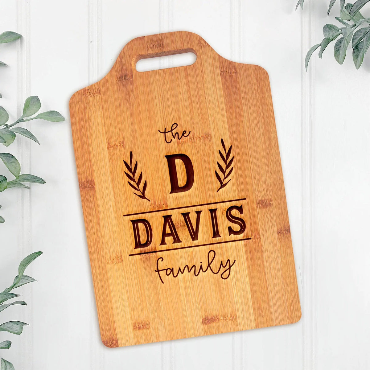 Personalized XL Bamboo Cutting Board with Handle — Engraved Gift for Couples